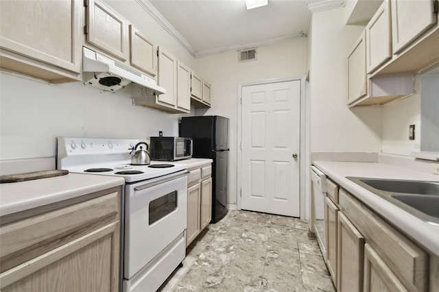 kitchen with light brown cabinets, sink, white appliances, and crown molding