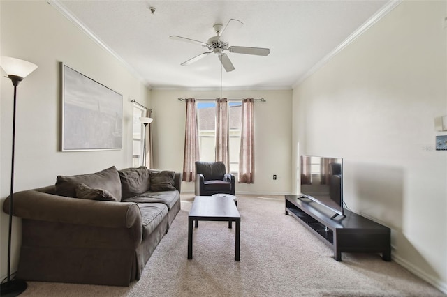 living room with light colored carpet, ceiling fan, and ornamental molding