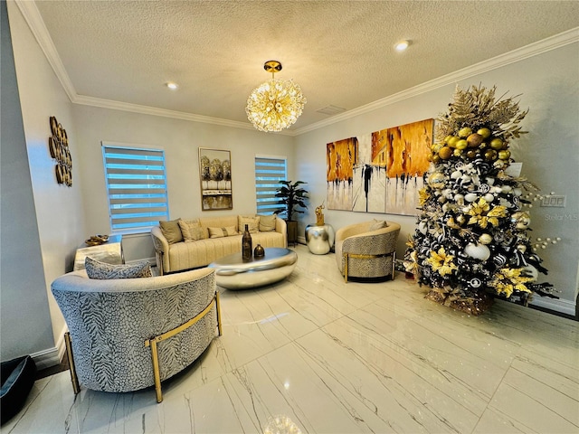 living room featuring ornamental molding, a textured ceiling, a wealth of natural light, and an inviting chandelier