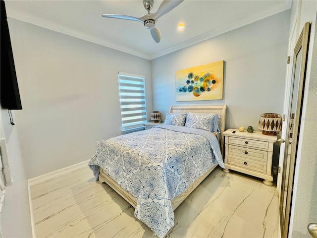 bedroom with ceiling fan and crown molding