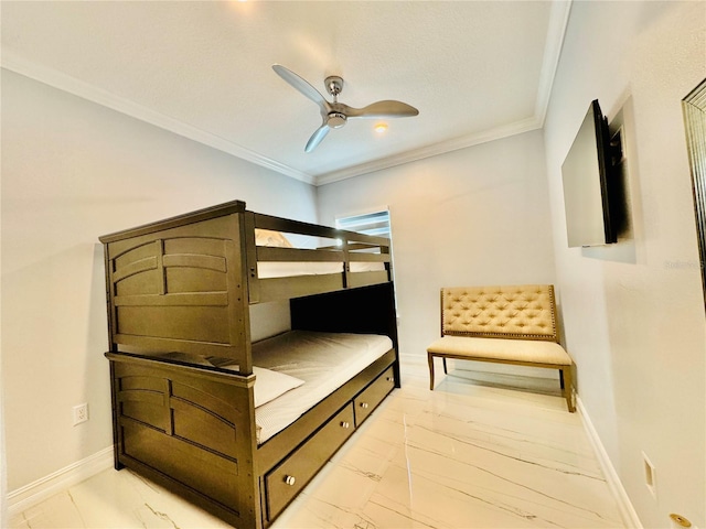 bedroom with ceiling fan and crown molding