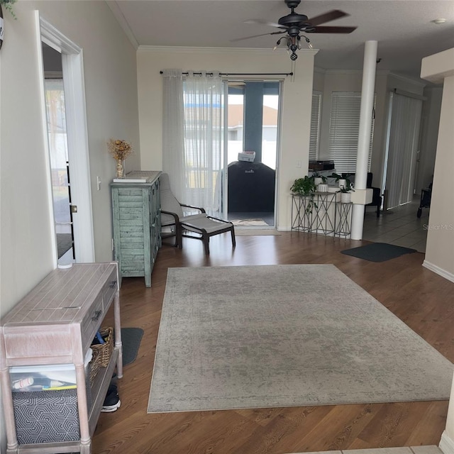 living room with ceiling fan, dark hardwood / wood-style flooring, and ornamental molding