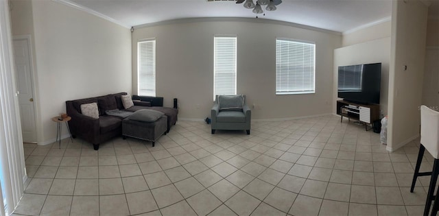 tiled living room with ornamental molding