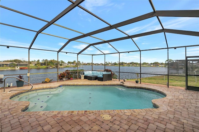 view of pool featuring an outdoor living space, a water view, a patio, and glass enclosure