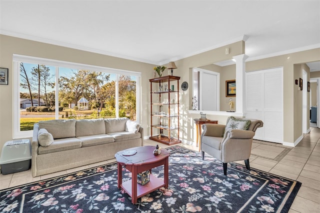 tiled living room featuring crown molding