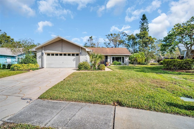 ranch-style home with a garage and a front lawn