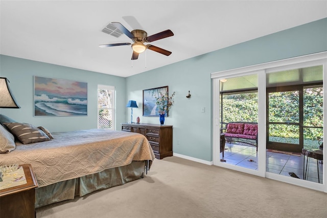 bedroom with ceiling fan, access to exterior, and carpet