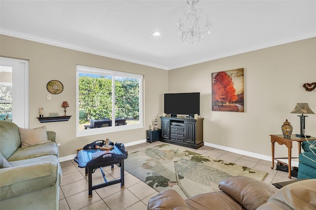 tiled living room with crown molding and a notable chandelier