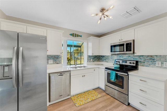 kitchen featuring sink, white cabinets, stainless steel appliances, and light wood-type flooring