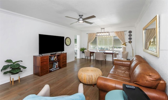 living room with ceiling fan, dark hardwood / wood-style floors, and ornamental molding