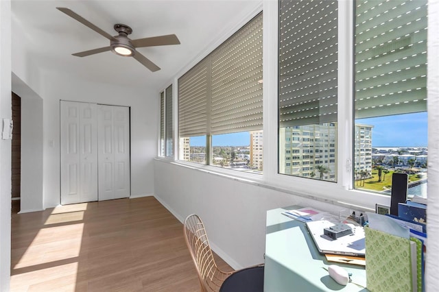 office featuring ceiling fan and wood-type flooring