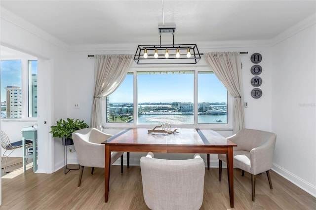 dining room with hardwood / wood-style flooring, a water view, ornamental molding, and a wealth of natural light