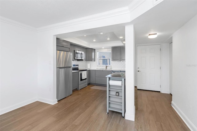 kitchen featuring decorative backsplash, appliances with stainless steel finishes, gray cabinetry, a tray ceiling, and sink