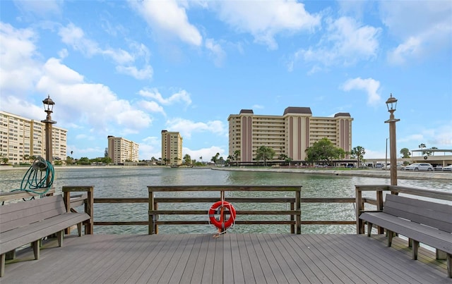 dock area featuring a deck with water view