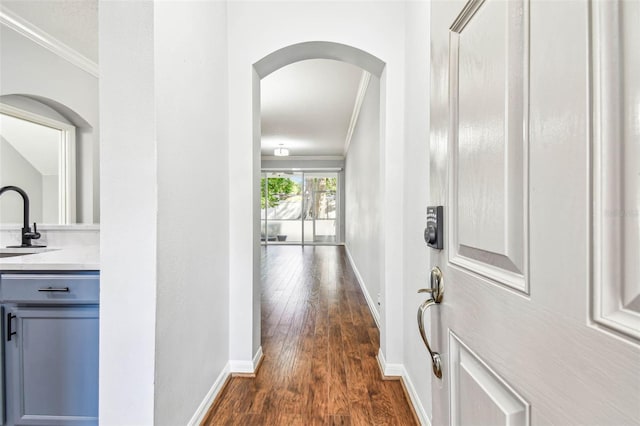 corridor with sink, dark hardwood / wood-style flooring, and crown molding