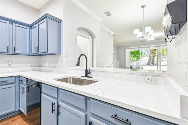 kitchen featuring sink, decorative light fixtures, ornamental molding, black dishwasher, and a notable chandelier