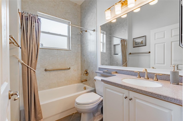 full bathroom with toilet, shower / tub combo, vanity, and tile patterned floors