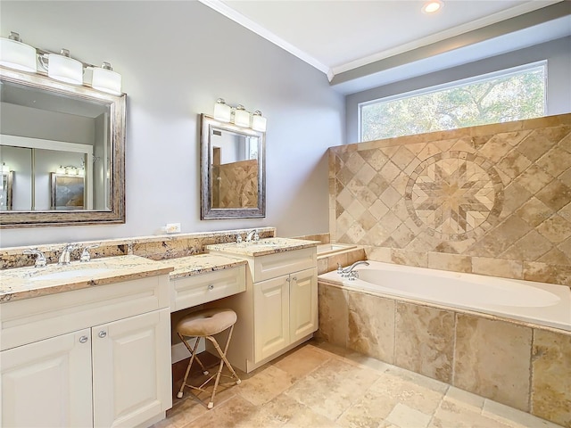 bathroom featuring vanity, a healthy amount of sunlight, crown molding, and tiled bath