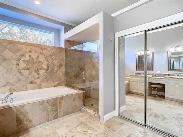 bathroom with vanity, ornamental molding, and plus walk in shower