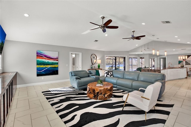 living room with ceiling fan, sink, and lofted ceiling