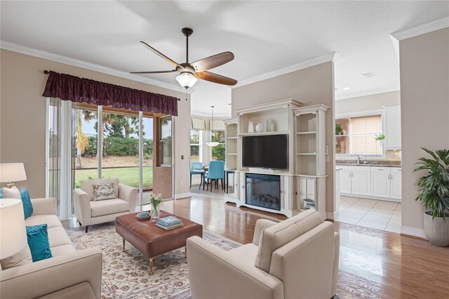 living area featuring a ceiling fan, ornamental molding, and light wood finished floors