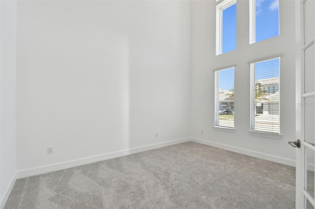 carpeted empty room with a towering ceiling