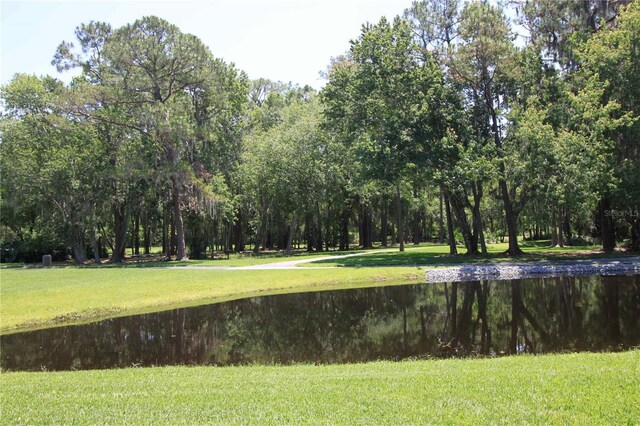 view of home's community with a lawn and a water view