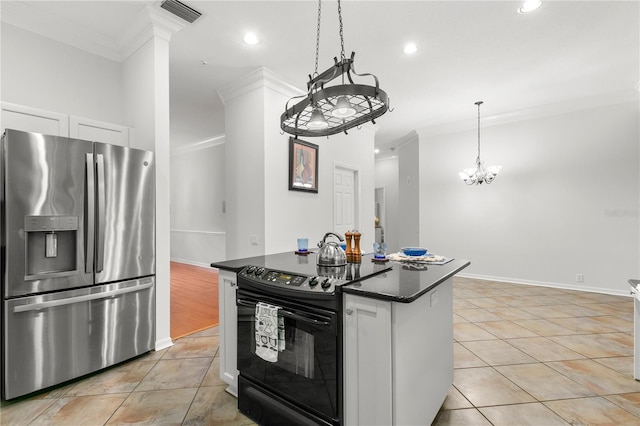 kitchen featuring stainless steel fridge, black range with electric stovetop, crown molding, white cabinetry, and a kitchen island