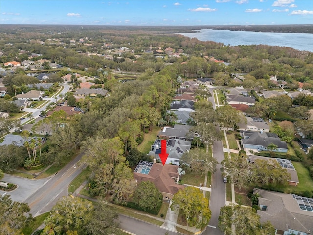 drone / aerial view featuring a water view