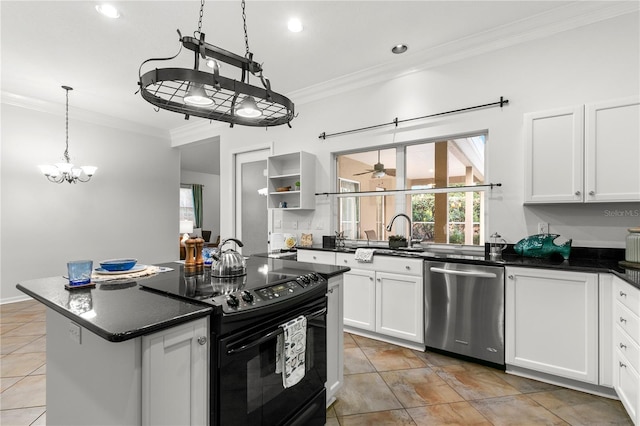 kitchen with black range with electric stovetop, a center island, sink, stainless steel dishwasher, and white cabinets