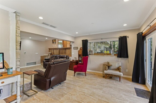 living room with ornamental molding