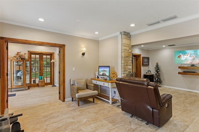 living room featuring ornamental molding and french doors