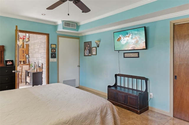 tiled bedroom featuring ceiling fan and ornamental molding