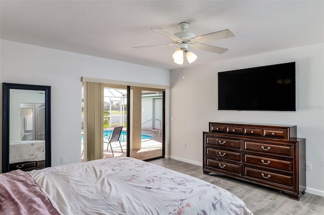 bedroom featuring ceiling fan, access to exterior, and light wood-type flooring