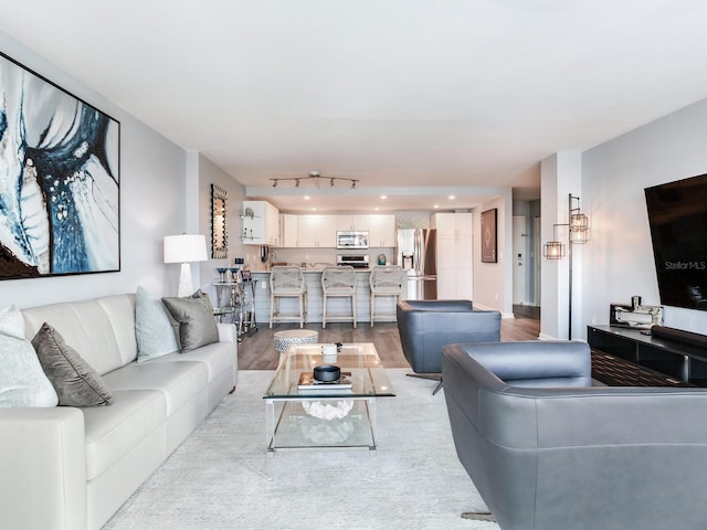 living room with rail lighting and light hardwood / wood-style floors