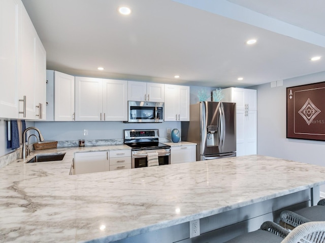 kitchen featuring light stone countertops, sink, a kitchen bar, white cabinets, and appliances with stainless steel finishes