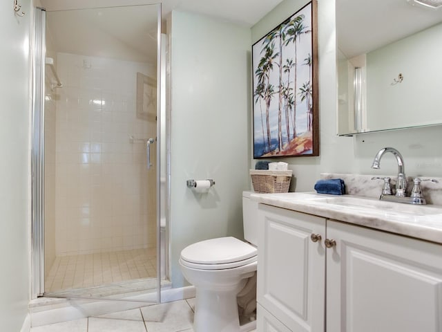 bathroom with tile patterned flooring, vanity, toilet, and walk in shower