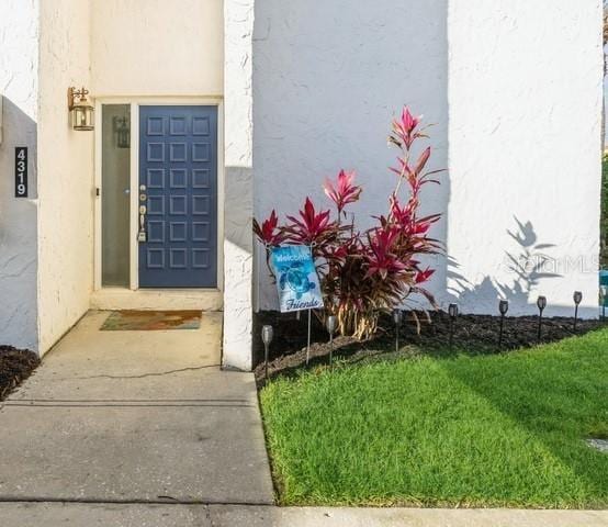 view of exterior entry with a yard