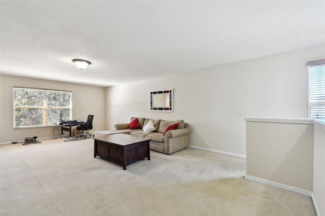 living room with a textured ceiling and light carpet