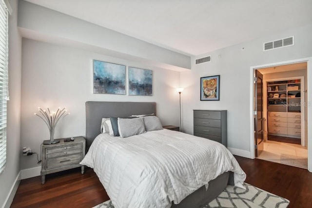 bedroom featuring multiple windows, a walk in closet, a closet, and dark wood-type flooring