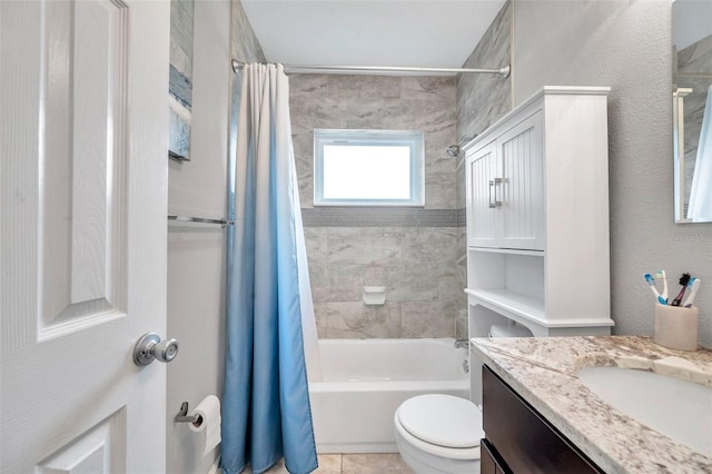 full bathroom with toilet, shower / tub combo, tile patterned floors, and vanity