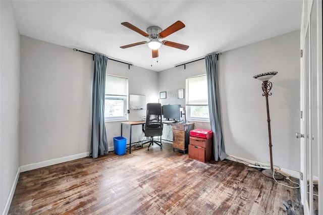 office space featuring ceiling fan and dark wood-type flooring