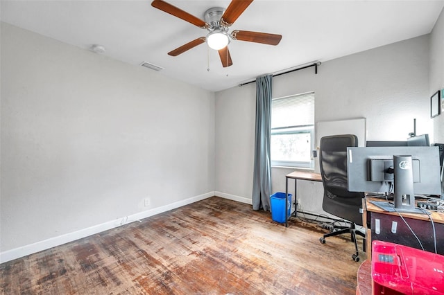 office with ceiling fan and hardwood / wood-style flooring