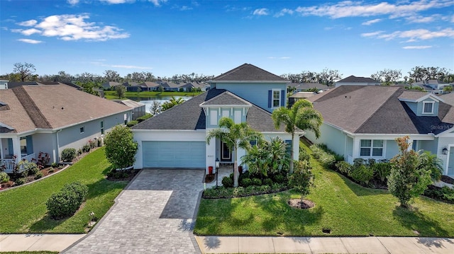 view of front facade featuring a garage, a front lawn, and a water view