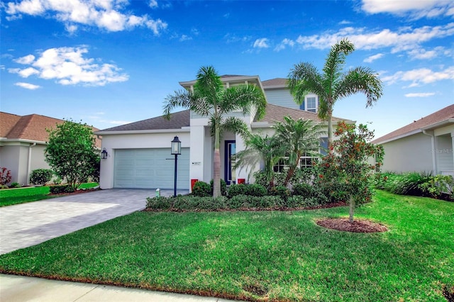 view of front of property with a garage and a front yard