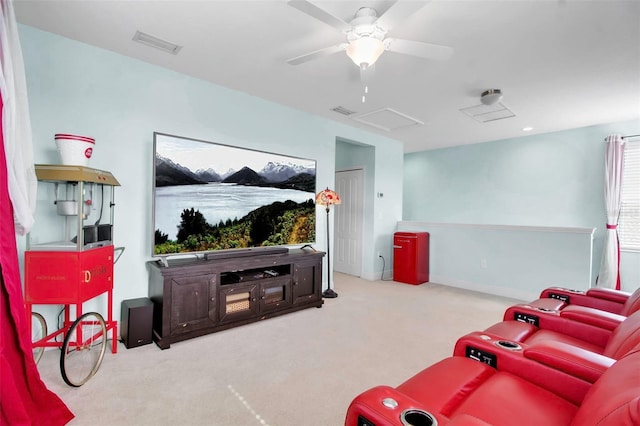 living room with light colored carpet and ceiling fan