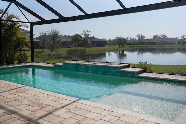 view of swimming pool featuring a water view and glass enclosure