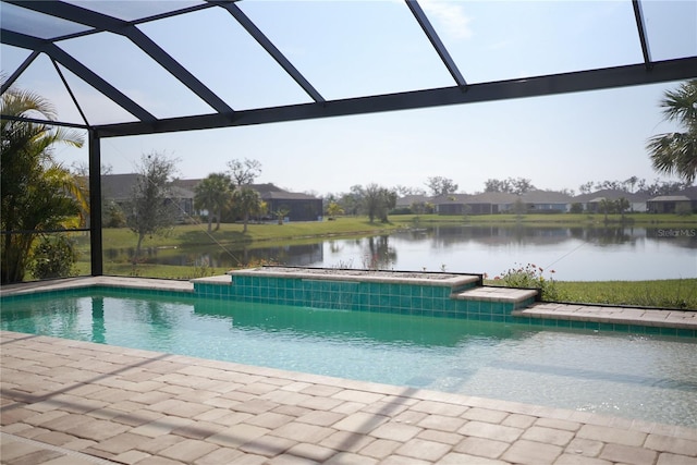 view of swimming pool with a water view and a lanai