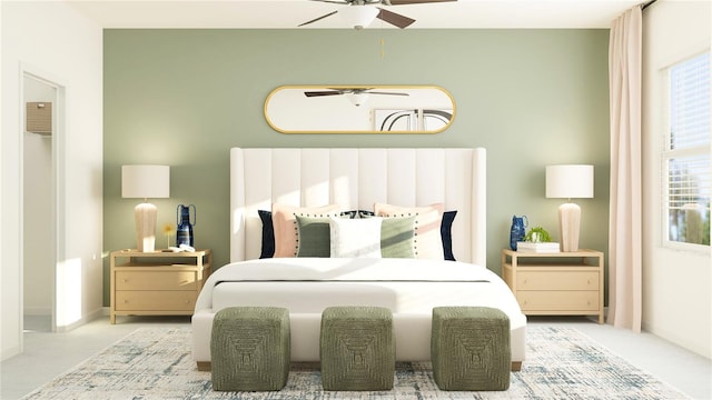 bedroom with ceiling fan and light colored carpet