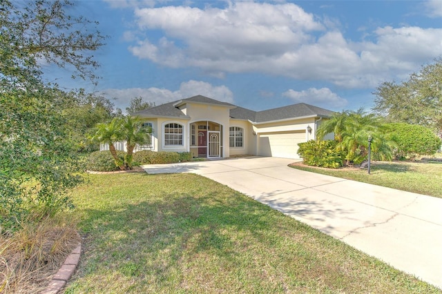 view of front facade with a front yard and a garage